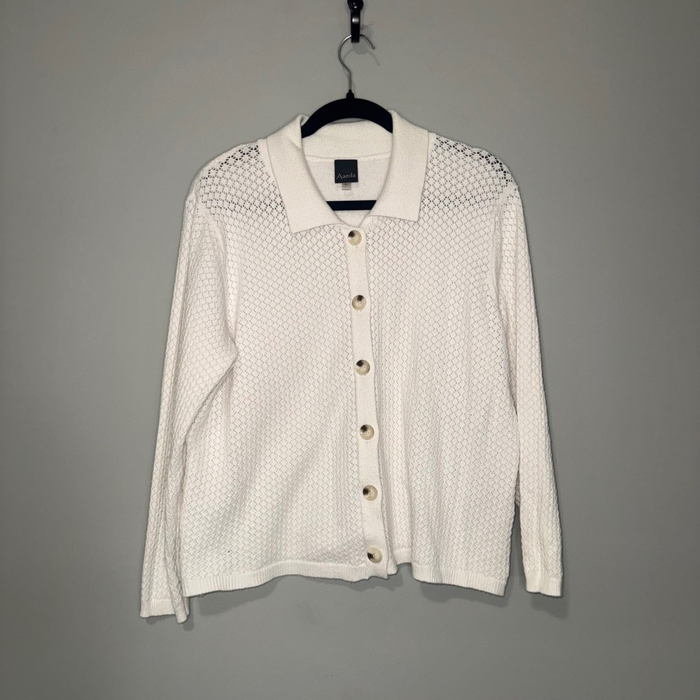 Aaeda Womens White Pointelle Knit Button Front Collared Cardigan Sweater Size XL